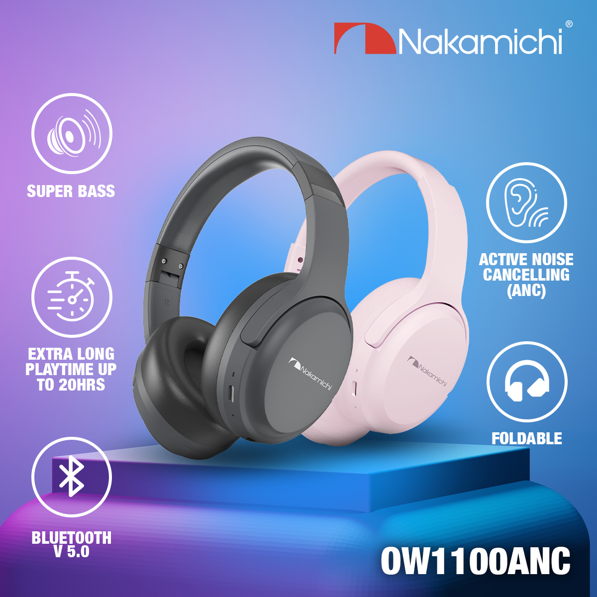 Nakamichi OW1100ANC Active Noise Cancelling Wireless Headphone ANC