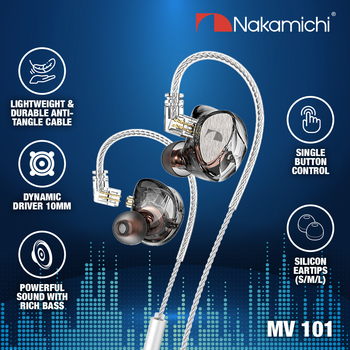 Nakamichi MV 101 Dynamic Driver In Ear Monitor Wired Earphone Mic IEM