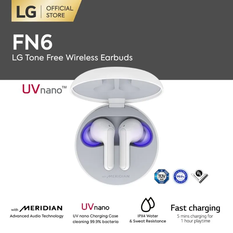 LG TONE Free FN6 TWS - White [UVNano 99.9% Bacteria-Free True Wireless Bluetooth Earbuds with Meridian Sound-Fast Charging-18 hrs Battery]