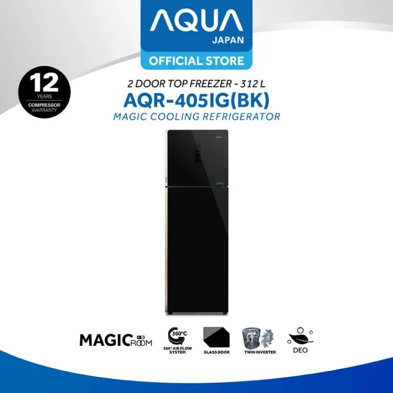 Aqua Japan AQR-405IG(BK) Kulkas 2 Pintu [312 L-Glass Door]