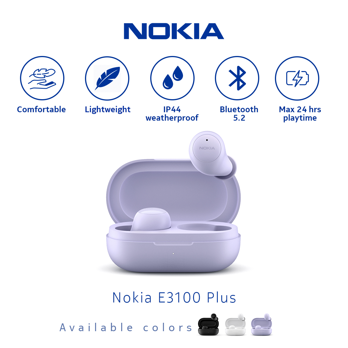 Nokia E3100 Plus True Wireless Earbuds Bluetooth Earphone TWS - Purple