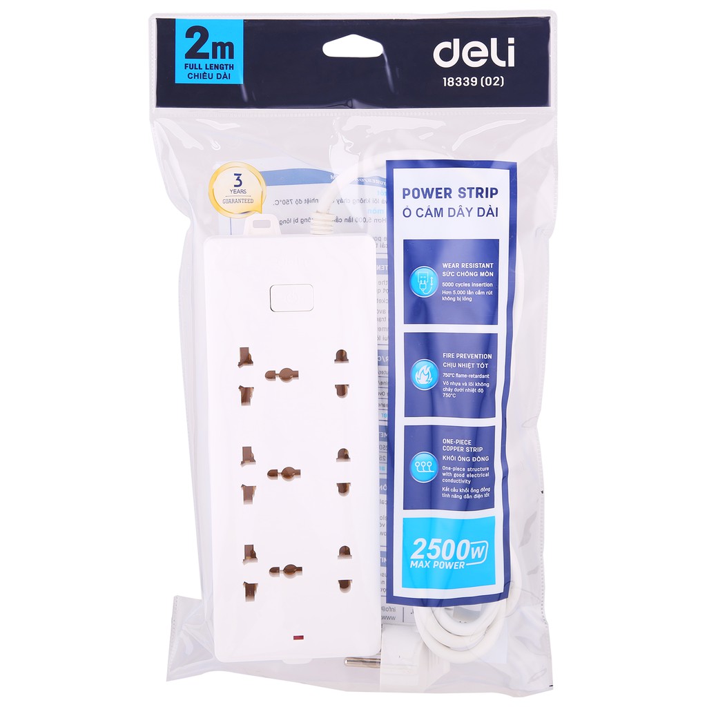 Deli Household Power Strip 3 two-hole jacks + 3 universal jacks E18339(02)