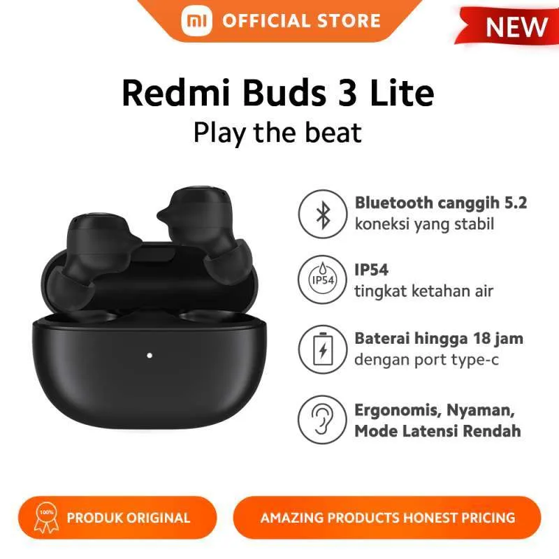 Redmi Buds 3 Lite - True Wireless Earbuds - Supported Bluetooth 5.2 + IP54* Ketahanan Air & Debu