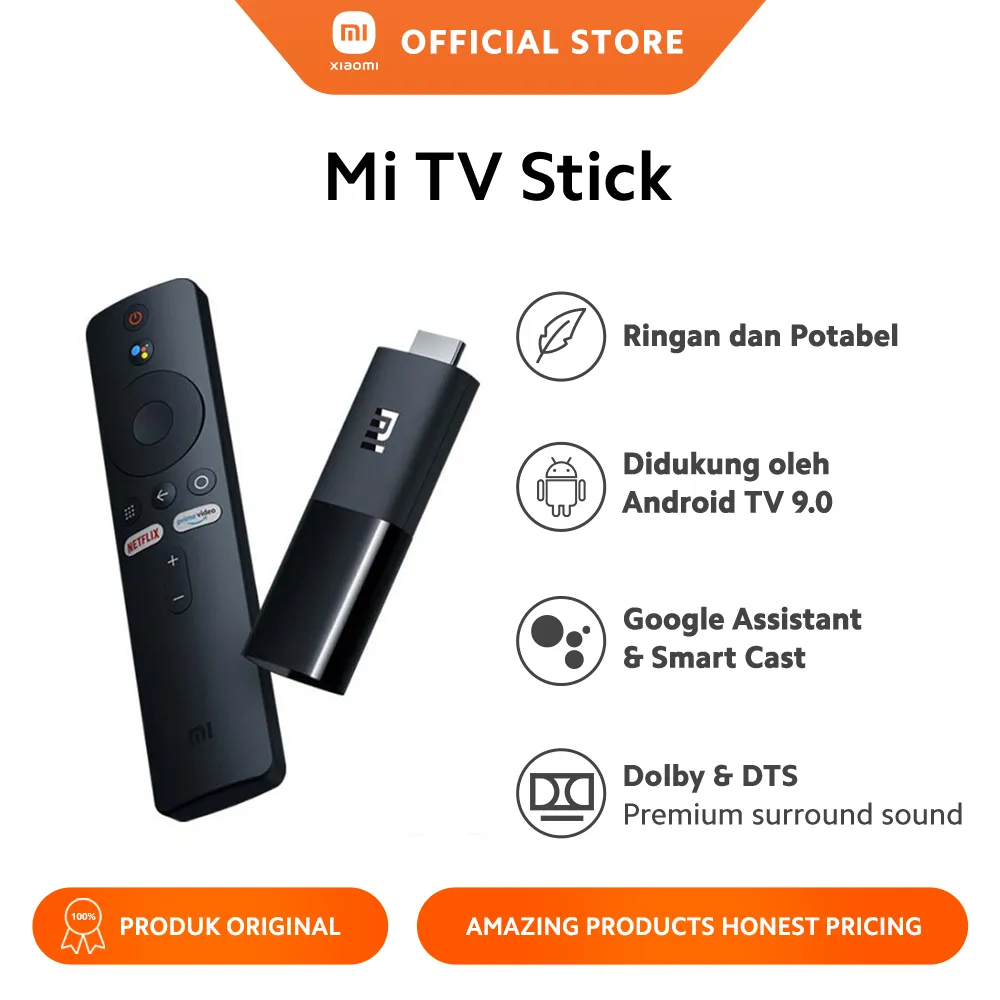 Xiaomi Mi TV Stick - Hitam [8GB- 1GB -Android 9.0- Google Assistant & Smart Cast -Dolby & DTS Premium Surround Sound]
