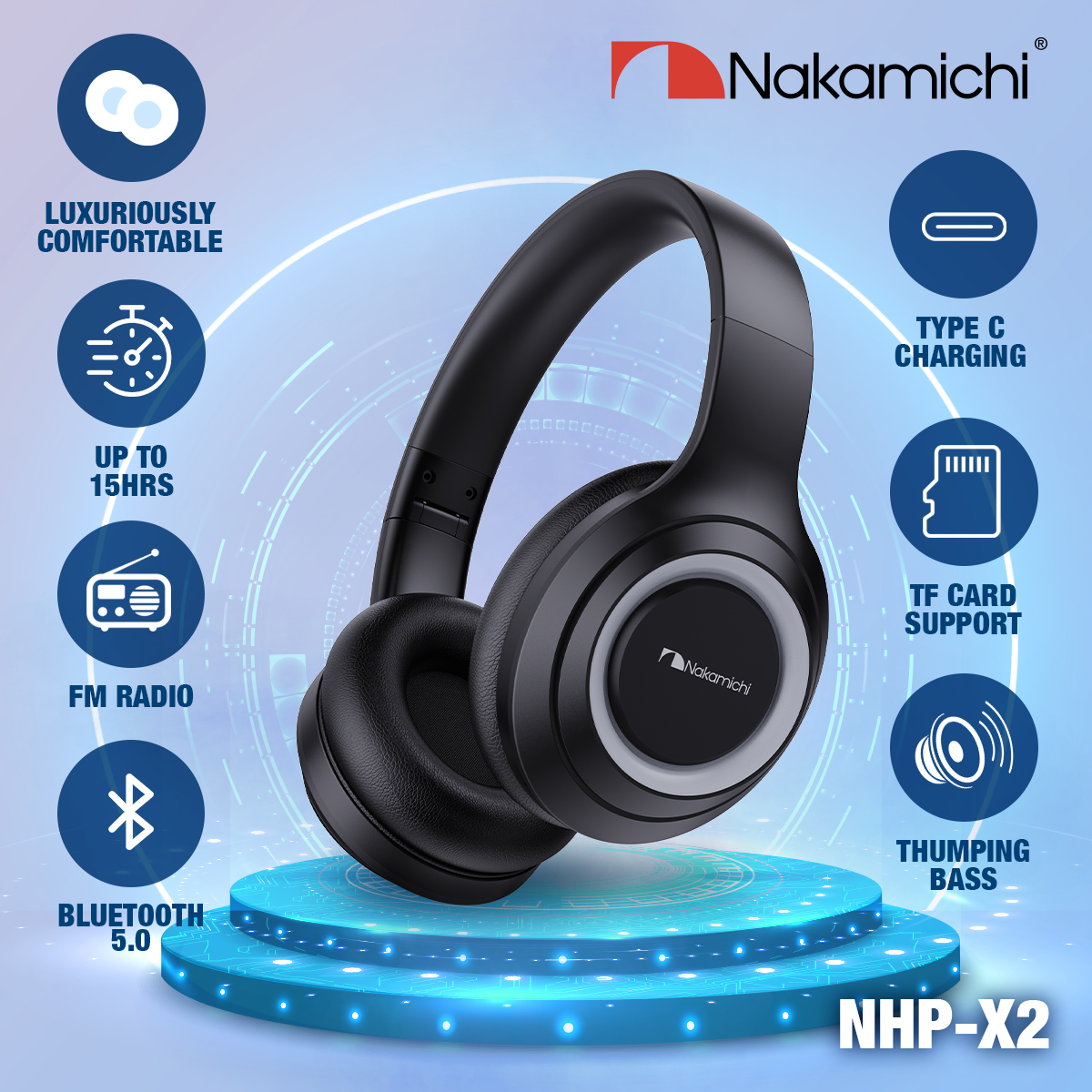 Nakamichi NHP-X2 Headphone Headset Wireless Bluetooth HD HIFI FM Mic